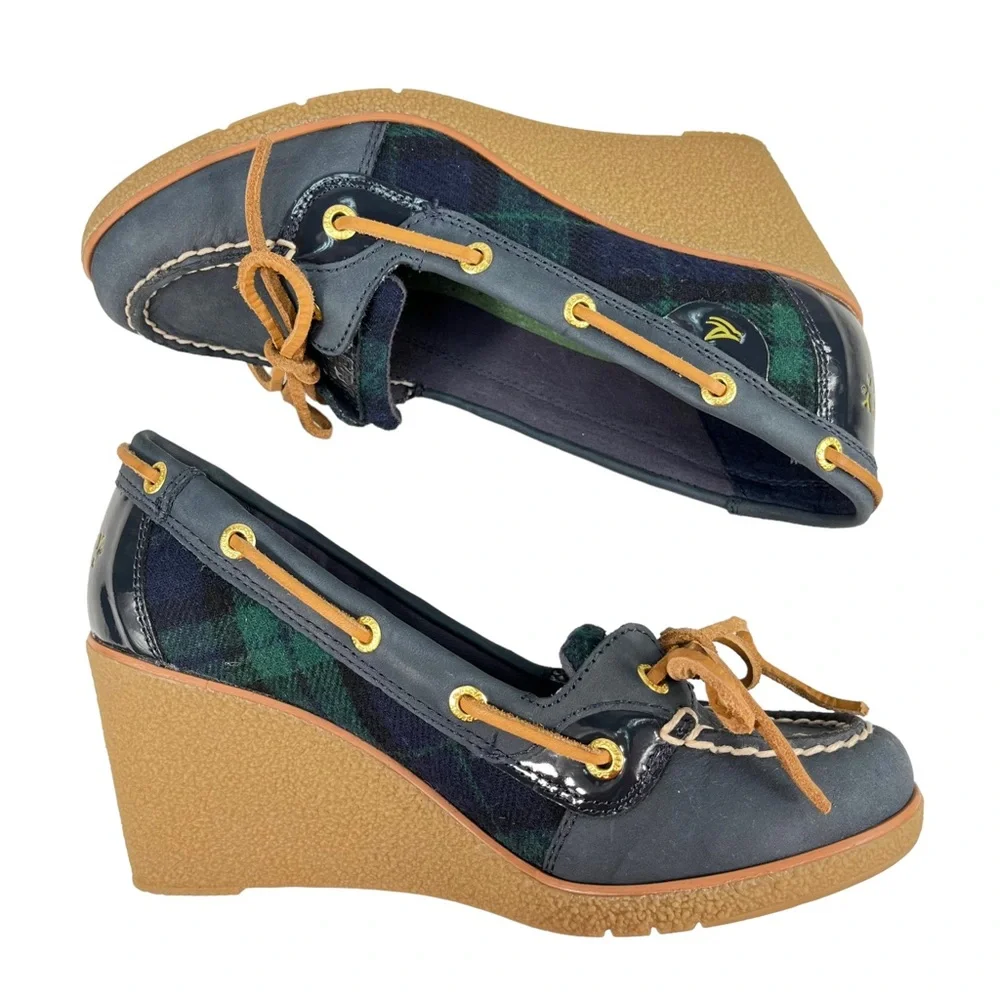 Sperry Top-Sider | Goldfish Navy & Green Plaid Wedge Heels Boat Shoes Women’s 6M